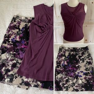 Ann Taylor Petite Skirt 00P & Sleeveless Ruched Top XXSP Purple Plum Black